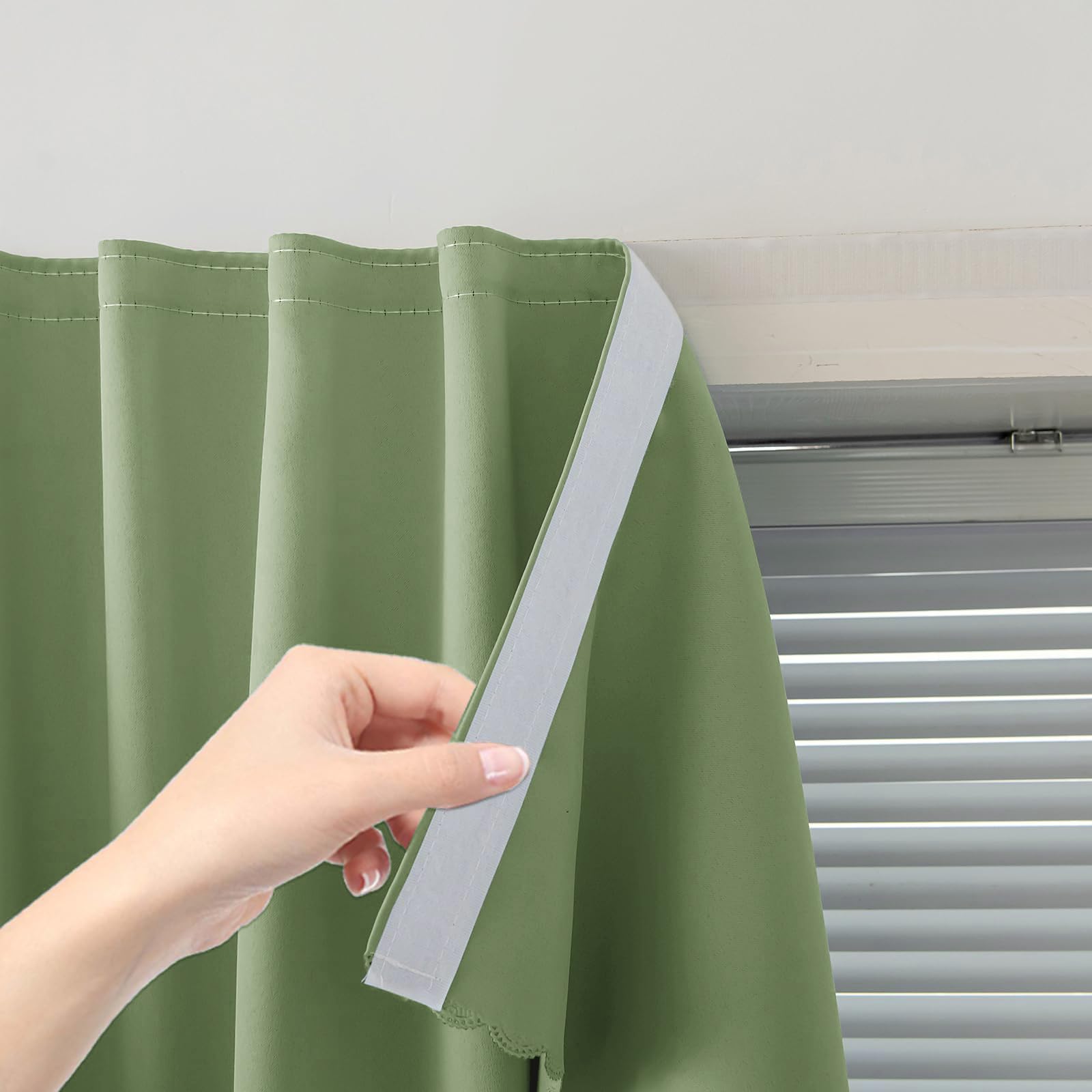 Sovtfides Magic Tape Blackout Curtains for Bedroom No Drillng Self Adhesive Curtains No Rod Small Window, 59" W X 84" L, Sage Green, 1 Panel