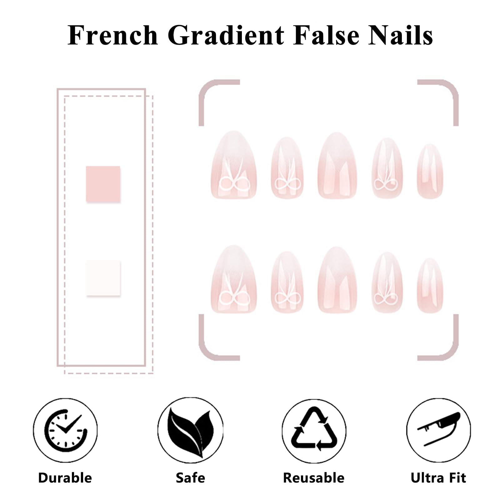 French Tip False Nails, 24Pcs Short Almond Press on Nails, Nude Gradient False Nails Almond Pattern with Bowknot - Image 3