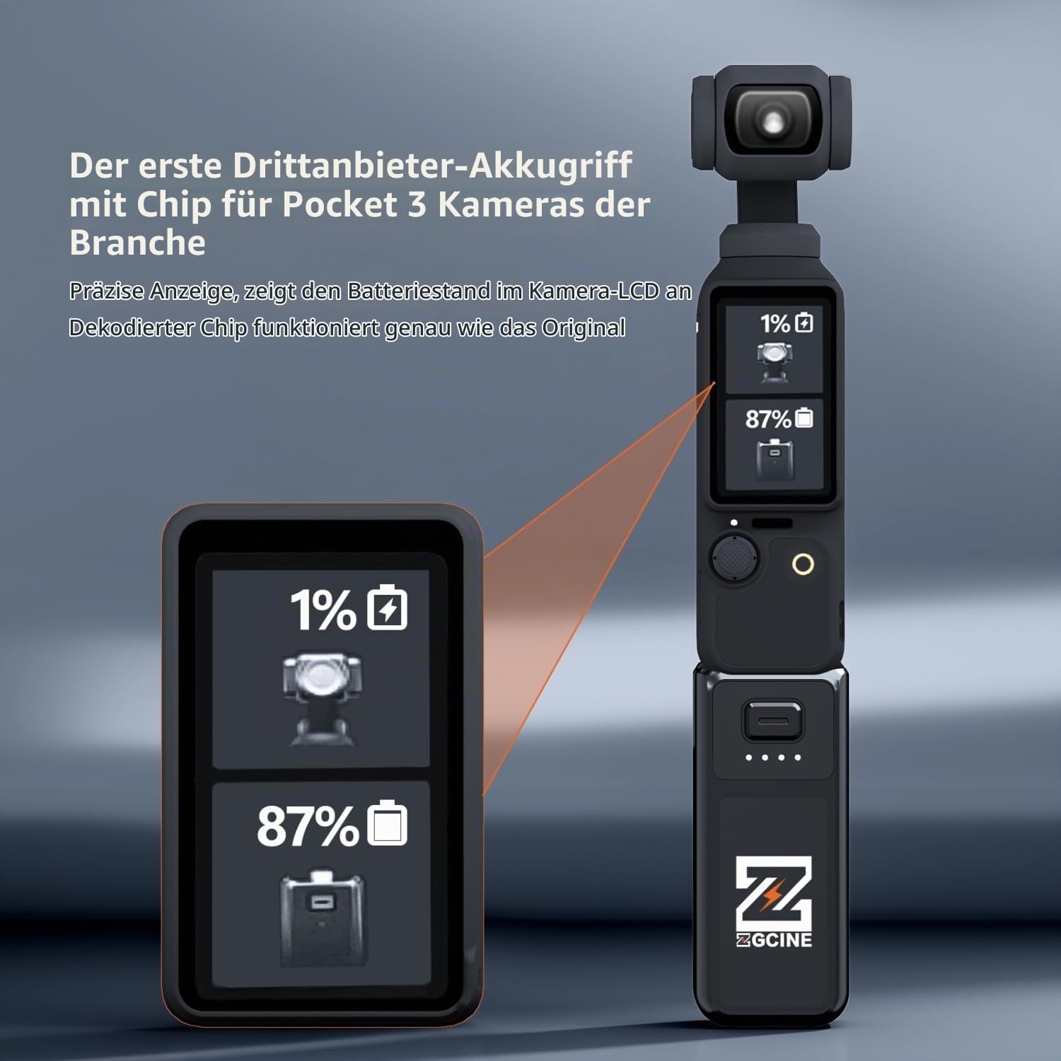 ZGCINE PK-H01 Akku Griff für Pocket 3 Kamera, 17W Schnelllade Batteriegriff mit LCD Anzeige, 3200mAh Hochleistungsakku, USB-C PD Schnellladung & Datenübertragung, für Pocket 3 Battery Handle