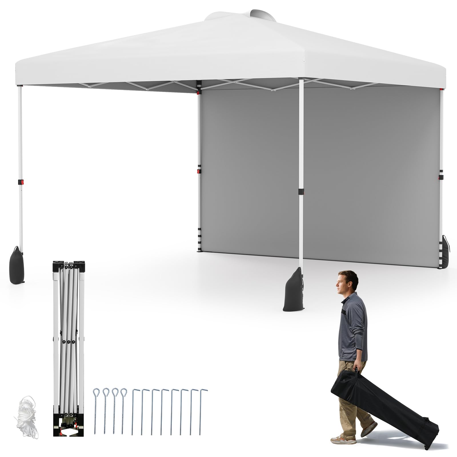 COSTWAY 3m x 3m Pop up Gazebo, Garden Canopy Tent Instant Shelter with Wheeled Bag, Vented Top, 4 Sandbags, Stakes & Wind Ropes, Portable Outdoor Beach Party Event Tent (White, with 1 Sidewall)