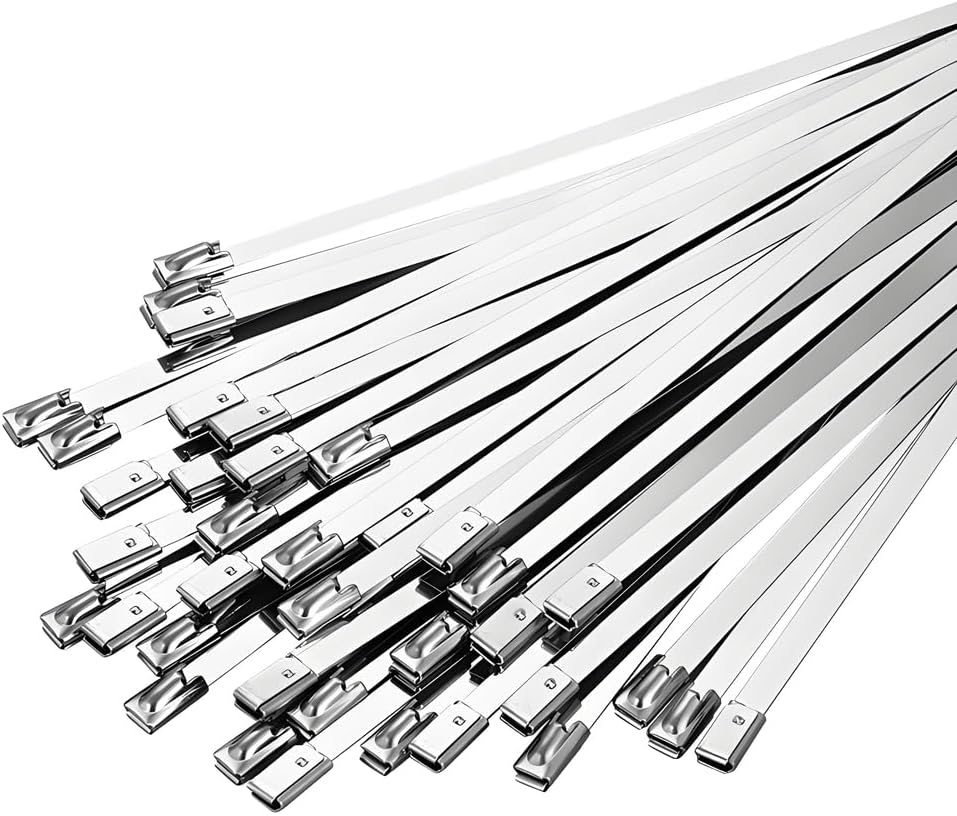 Metal Zip Ties 11.8 inch 100 pcs 304 stainless steel heavy-duty self-locking cable tie, suitable for machinery, automobiles,farms,fences, exhaust, Outdoor equipment and multi-purpose outdoor scene use