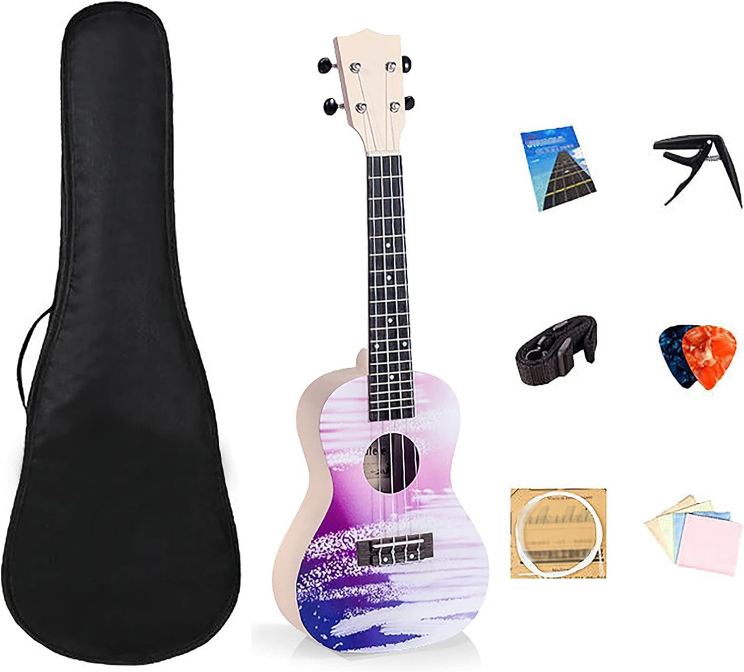 Czterostrunowe ukulele sopranowe dla początkujących, dorosłych, dzieci, strunowe instrumenty muzyczne z paskiem do torby koncertowej, nylonowy strunowy, tuner itp. Ukulele koncertowe prezent