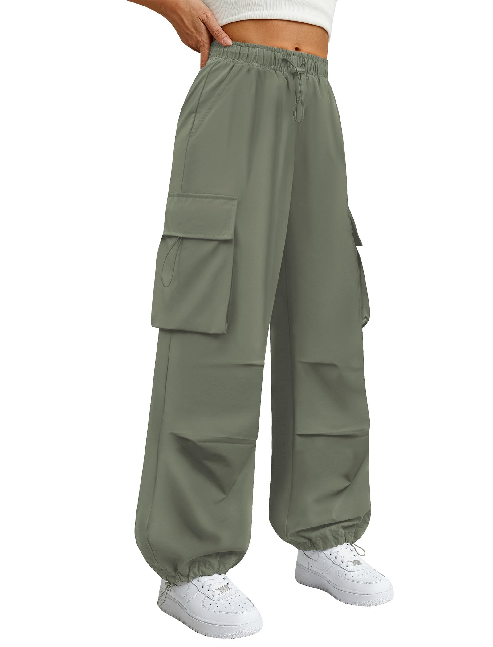 Parachute Cargo Pants Women Elastic Waisted Quick Dry Lightweight Baggy Hiking Pants with Pockets Water Resistant Light Green X-Small