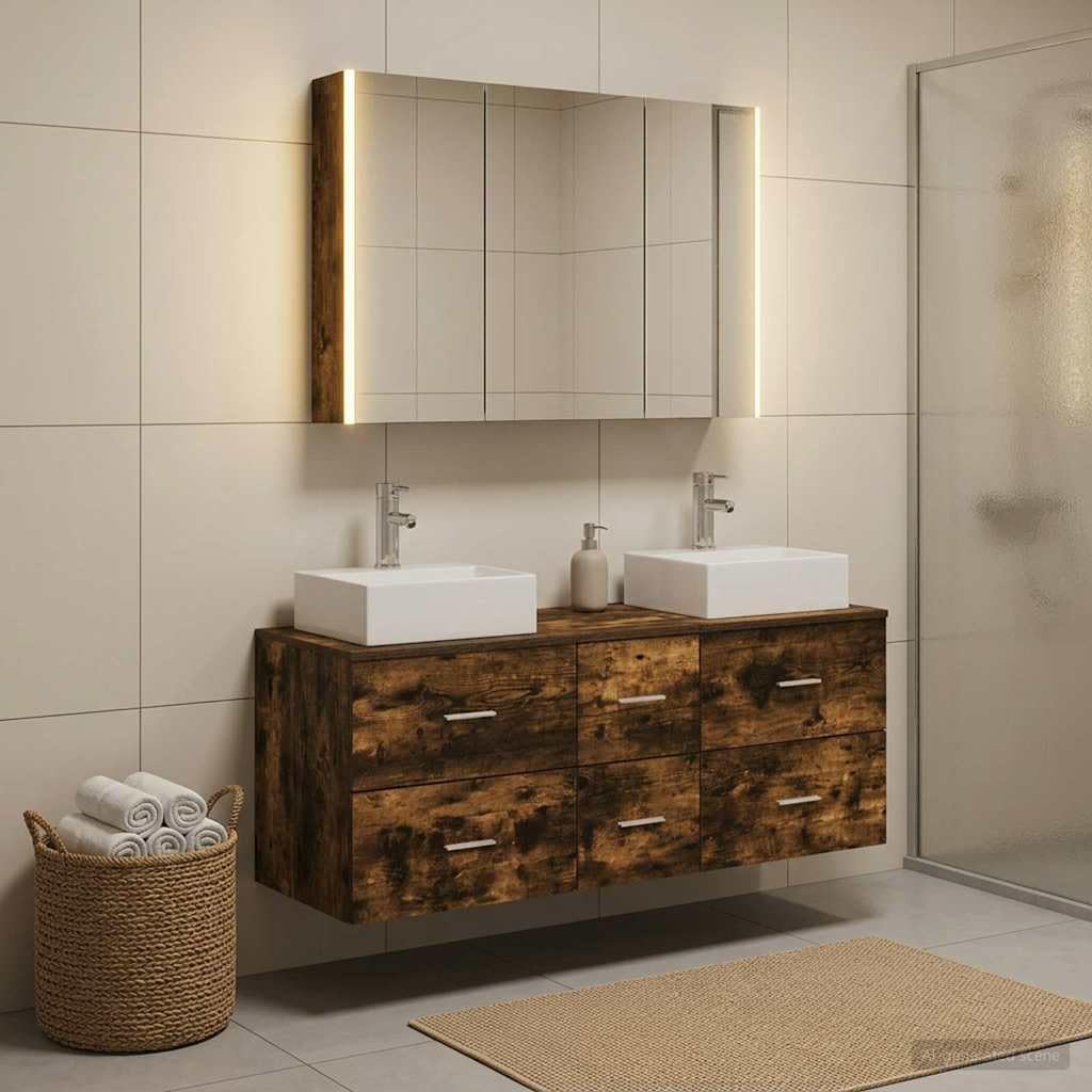 Zestaw mebli łazienkowych, 4 sztuki, dąb wędzony z szafką z lustrem LED i umywalką, nowoczesny design, dużo miejsca do przechowywania, montaż na ścianie, łącznie z kranem