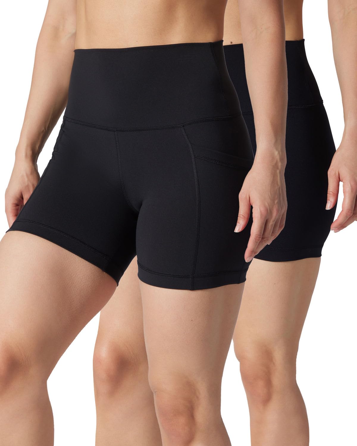 Yogalicious Womens 5”, 7” High Waisted Biker Shorts Squat Proof Workout Yoga Short 2 Pack, Black (W/Pocket) / Black (No Pocket) 5", S