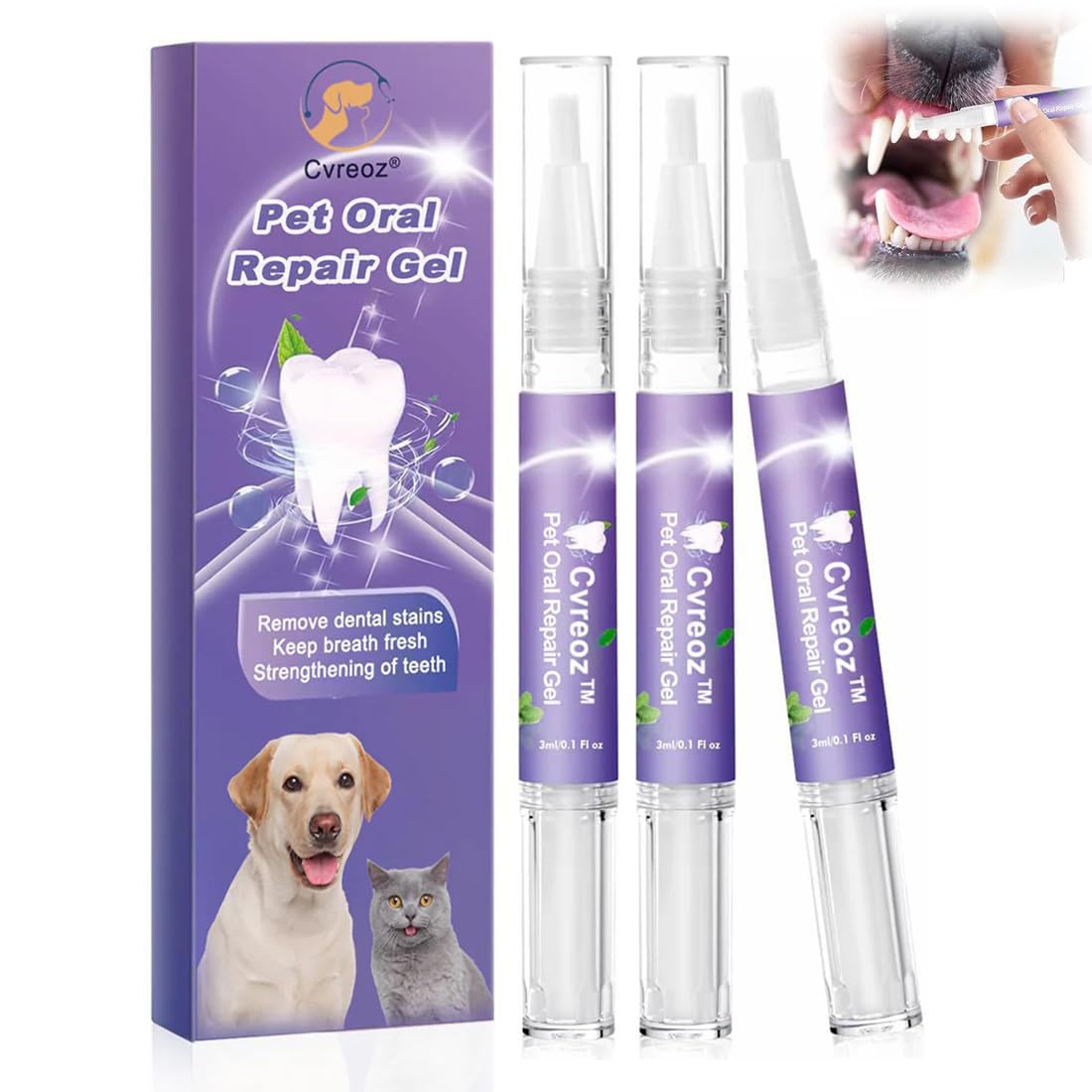 Pet Oral Repair Gel,Cvreoz Pet Oral Restoration Whitening Gel,Pet Clean Teeth Cleaning Spray for Dogs & Cats,Pet Teeth Whitening Pen -2 Pcs