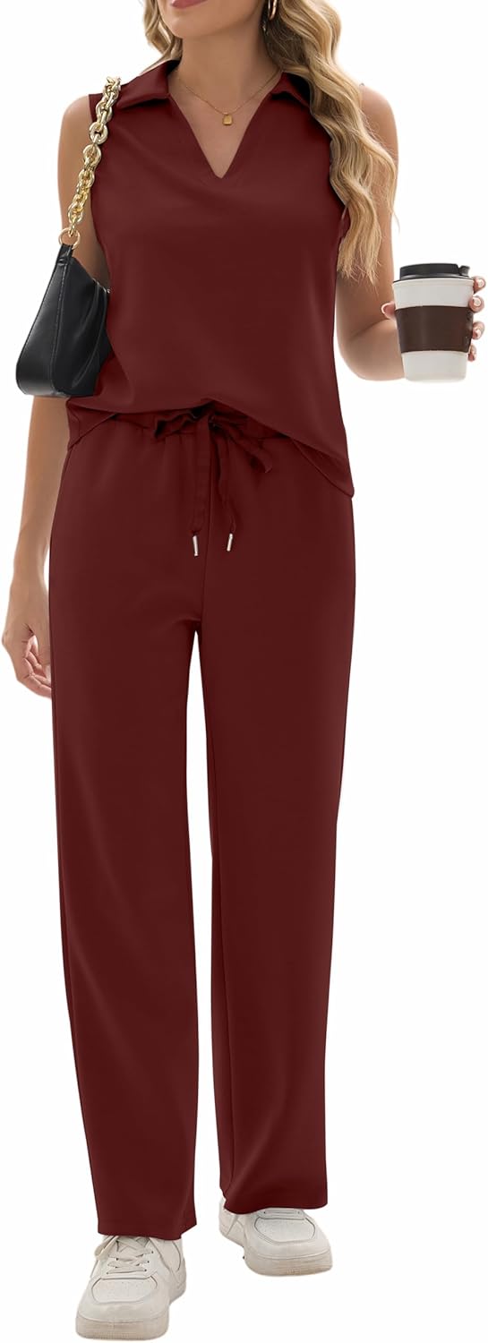 Sixstar Two Piece Sets for Women Summer V Neck Tops Wide Leg Sweatpants Sleeveless Tracksuit Travel Outfits