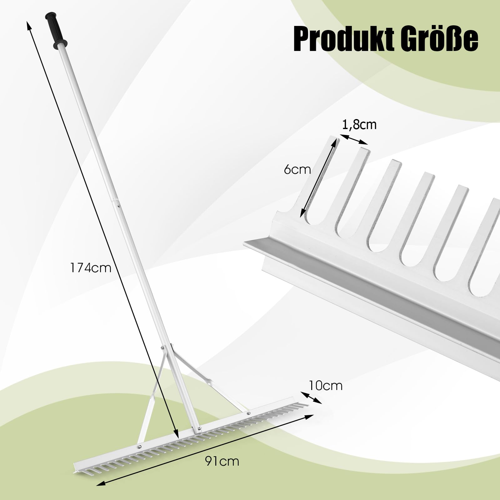 GOPLUS Grabie Ogrodowe o Szerokości Roboczej 92 cm, 36 Zębów i Trzonku 170 cm, Łatwe Łamanie Liści z Aluminium, Do Trawy, Poziomujące, Narzędzie Ogrodowe Do Liści i Trawnika