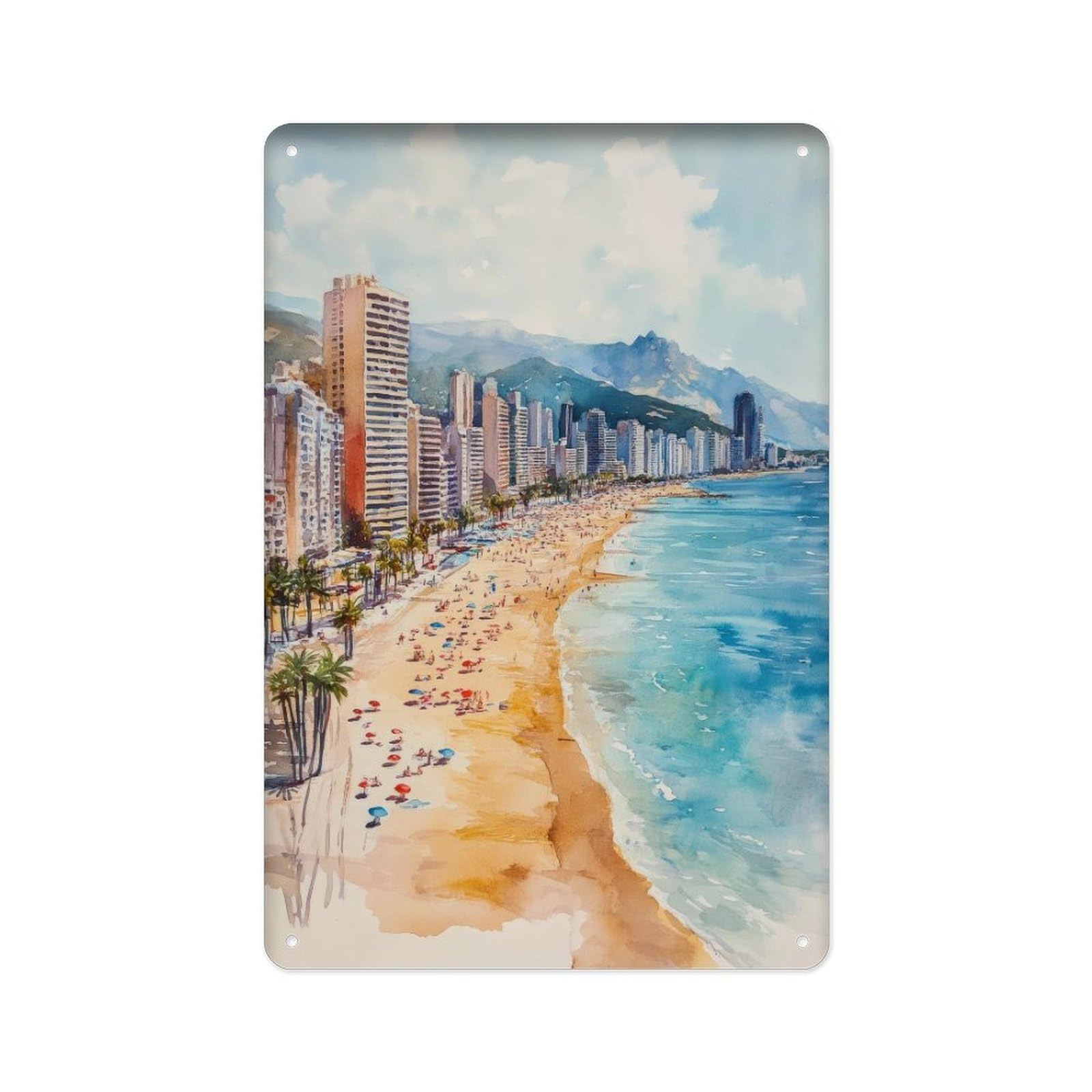 peiyeety Metal Tin Sign Benidorm Spain Watercolor Painting Spanish City Art Benidorm Beach Resort Style Gift for Spanish Enthusiasts 8 X 12 Inch