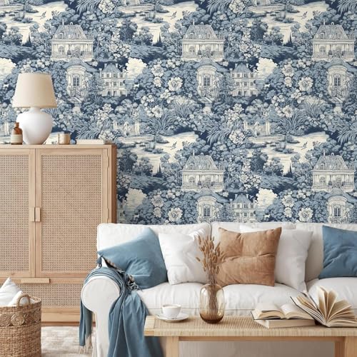 Image of Wallpaper Peel and Stick Vintage Flowers Pattern Design Textured Toile Wallpaper, French Country Estate Garden Scene, Blue and Cream, Floral Botanical with Manor Houses Decor16.5&87 inch