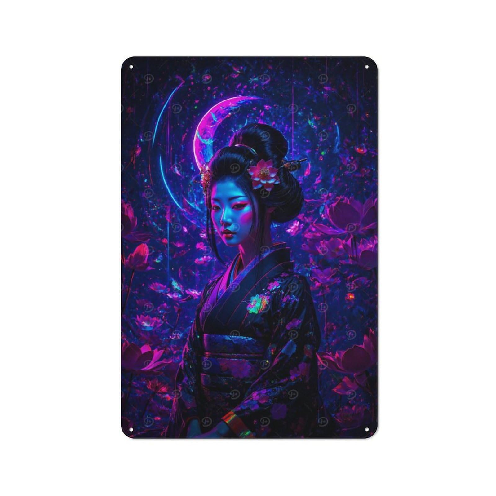 Junmoney Neon Geisha With Floral Background Japan Vintage Cafe Metal Sign 30X20cm Featuring Bistro Wall Plaque For Cafe, Bistro, Bakery Or Restaurant