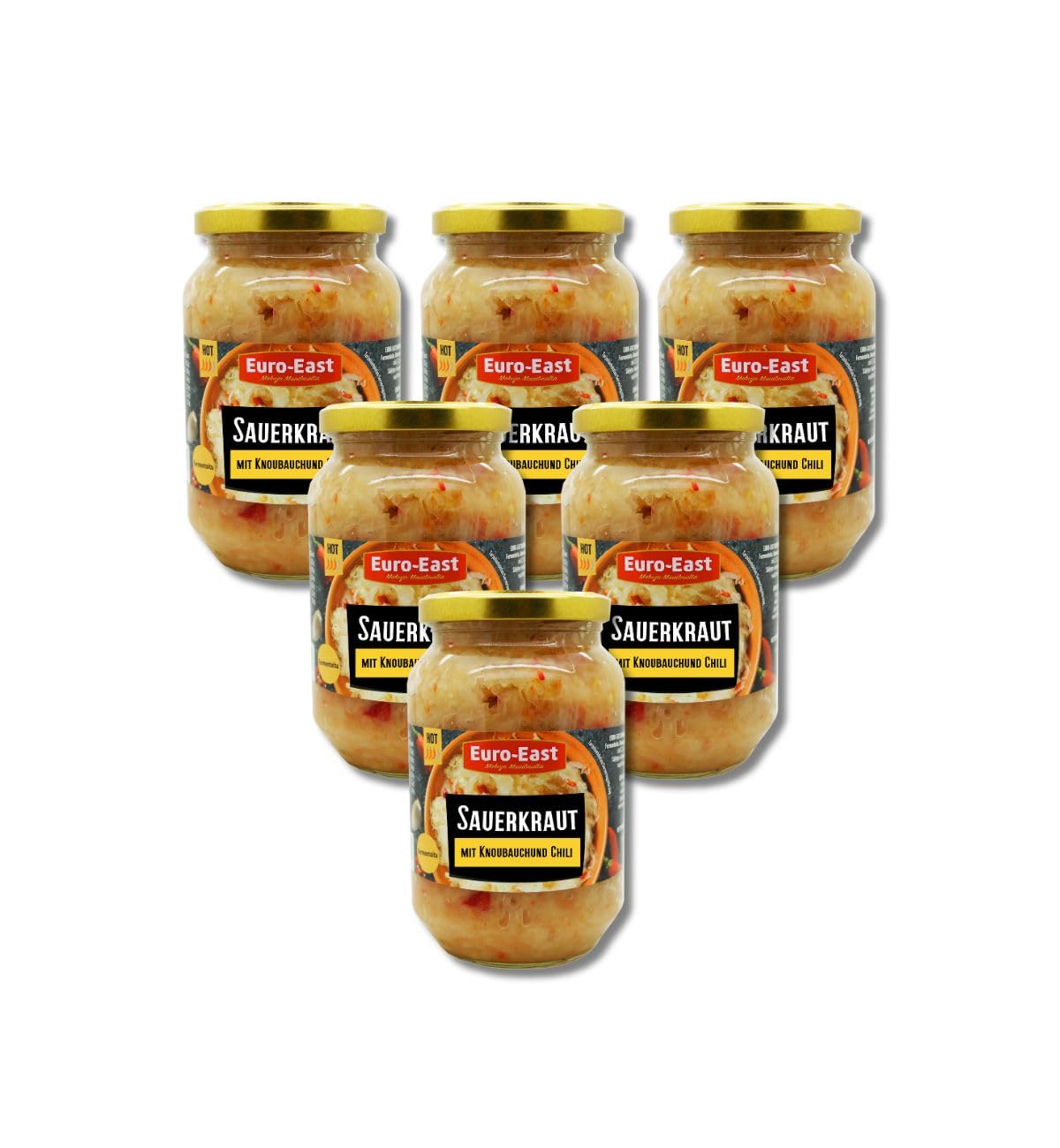Euro-East Sauerkraut mit Knoblauch und Chili 6-pack im Glas x 460g | Vegan und Glutenfrei eingelegter Kohl | Fermentiertes Gemüse (6x460g)