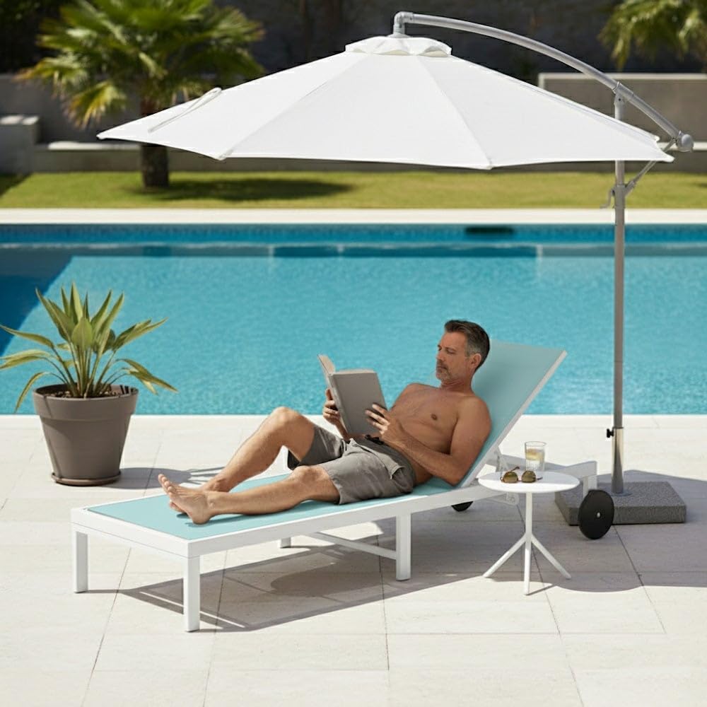 Tumbona de jardín y exterior Zulima Luxe de aluminio blanco y azul turquesa | Reclinable, con Ruedas y textileno transpirable. Tratamiento epoxi para exteriores. Relax en terraza y piscina. Mejorada 2026