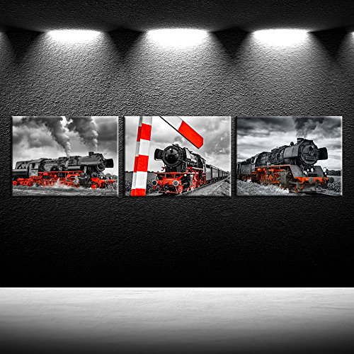 Iknow Foto 3 Piece Canvas Wall Art Black And Red Steam Locomotive Train Poster Pritns Old Vintage Steam Engine Pictures Modern Home Decor Stretched And Framed Ready To Hang 12X16Inchx3Pcs #TOP2