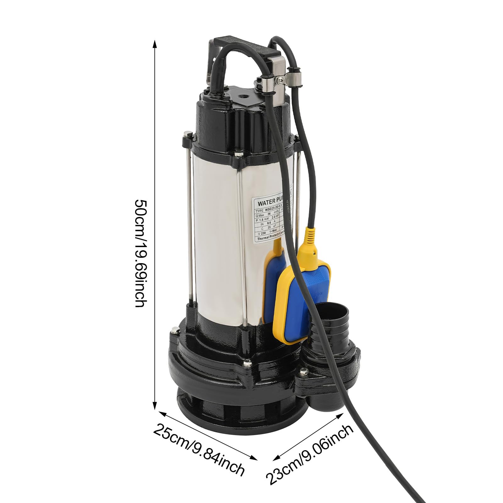 Pompe submersible pour eaux usées avec interrupteur à flotteur, 1500 W 220 V, 2850 tr/min, débit 36006 l/h, hauteur de refoulement 22 m, profondeur d'immersion 20-30 m, pompe submersible eau sale 50 x