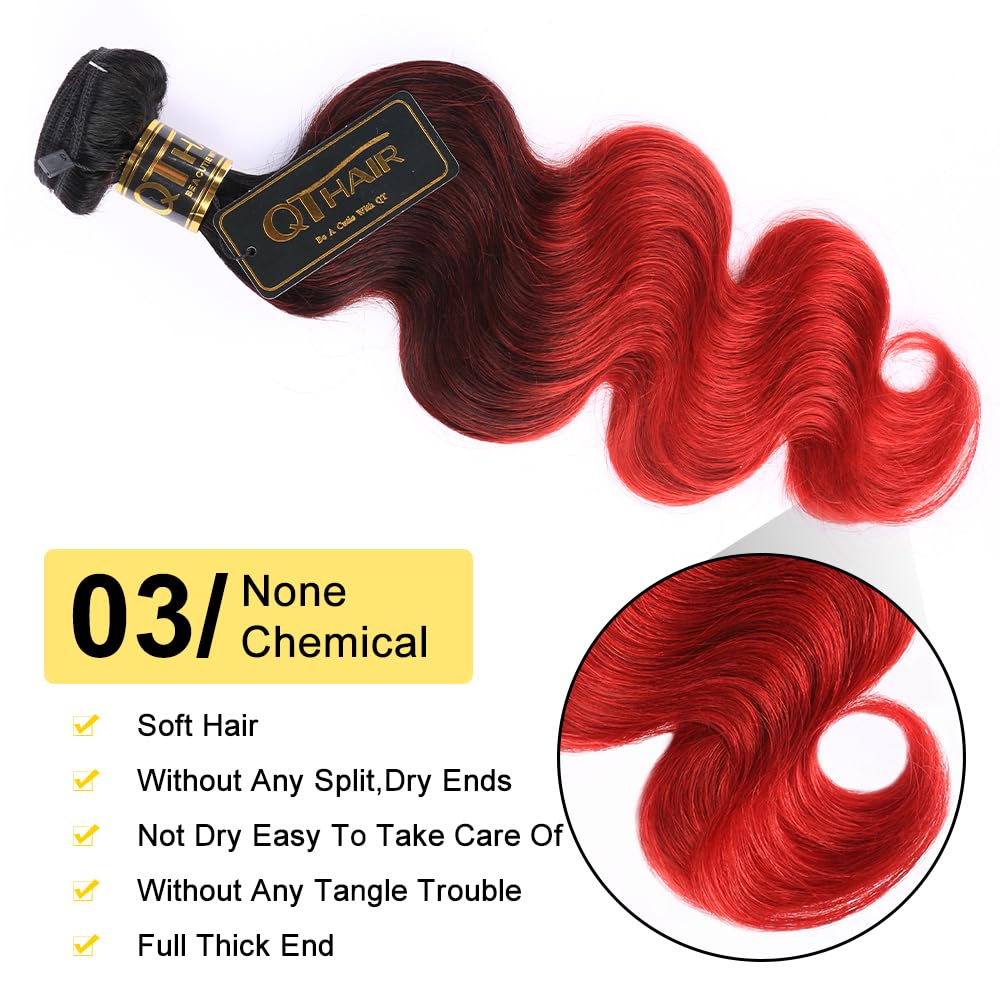 QTHAIR 1B/99J/Red Ombre Body Wave Human Hair Bundles 18A Grade 3 Tone Black Burgundy Red Human Hair Bundles 22Inch Unprocessed Virgin Hair Body Wave Bundles