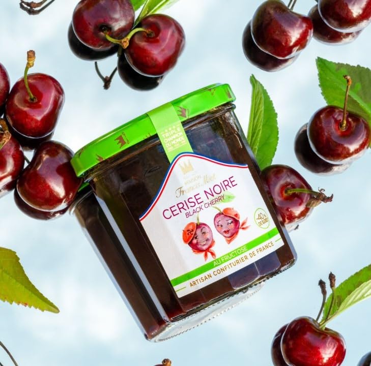 Maison Francis Miot, Set of 2 Luxury French Confiture de Cerise Noire au Sucre de Canne (Morello Black Cherry) Jams, 7.7 oz Each