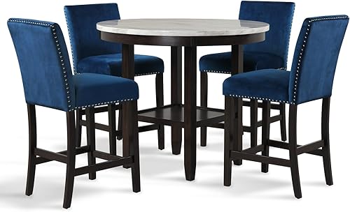 New Classic Furniture Celeste - Juego de encimera redonda de mármol sintético de 5 piezas con 1 mesa y 4 sillas, 42 pulgadas, color azul
