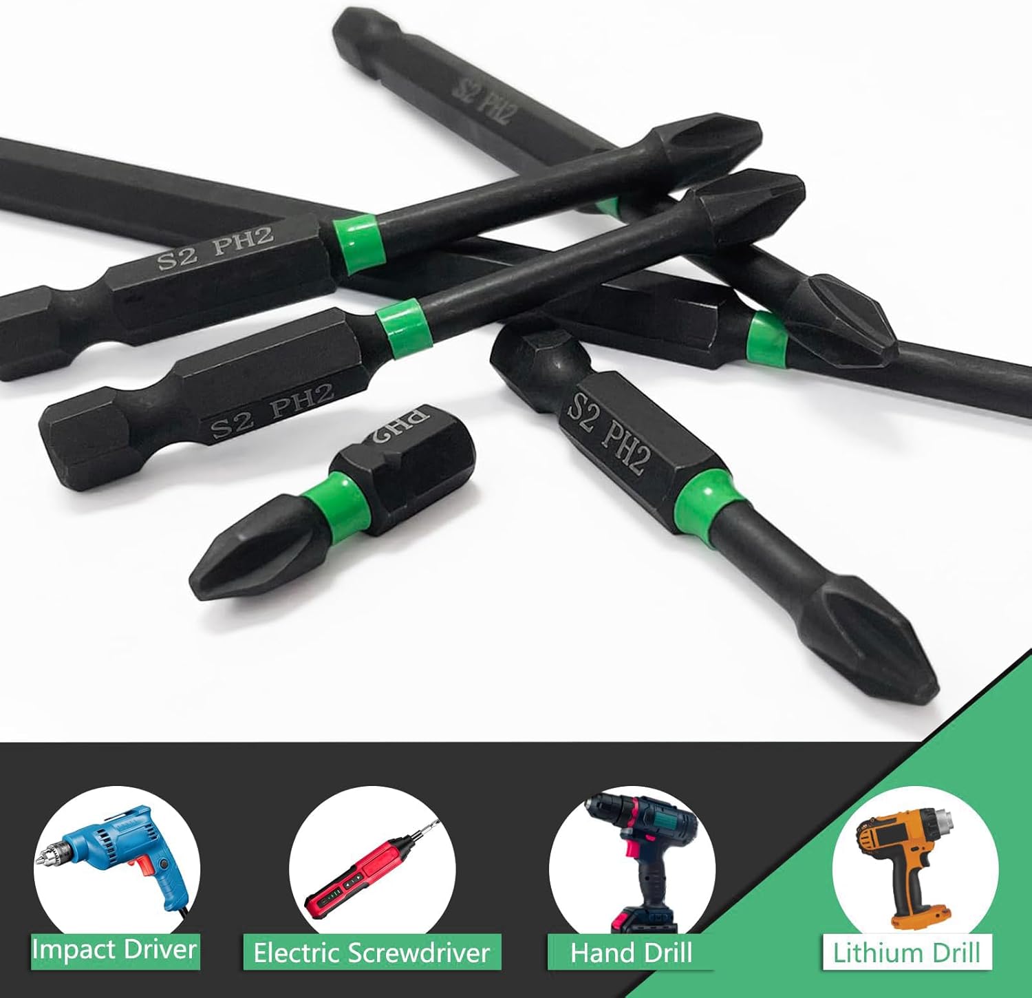 Phillips Bit,Insert S2 Steel,Impact Tough Phillips PH2 Magnetic Anti Slip Screwdriver Bit Set,1/4 Hex Shank Phillips Head Drill Screw Bits, 1 2 2.6 2.8 3.5 6 Inch Long 2 Phillips Bits Set,Bulk