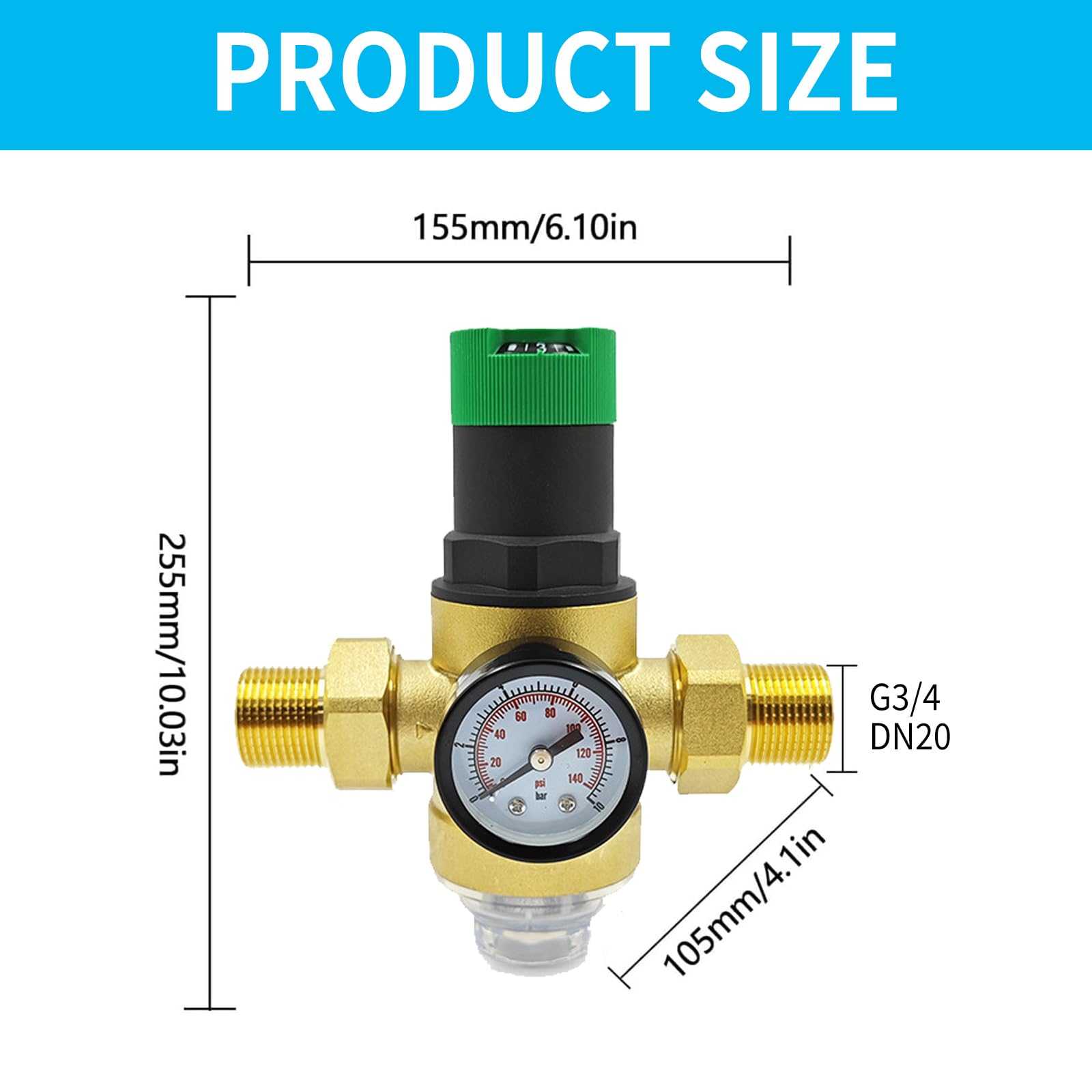 Reducteur de Pression Eau 3/4 Pouce, DN 20 Régulateur de Pression d'eau en Laiton Limiteur de Pression Eau avec Manomètre et Filtre à Tamis en Acier 316 pour Filtrer Les Impuretés Dans L'eau
