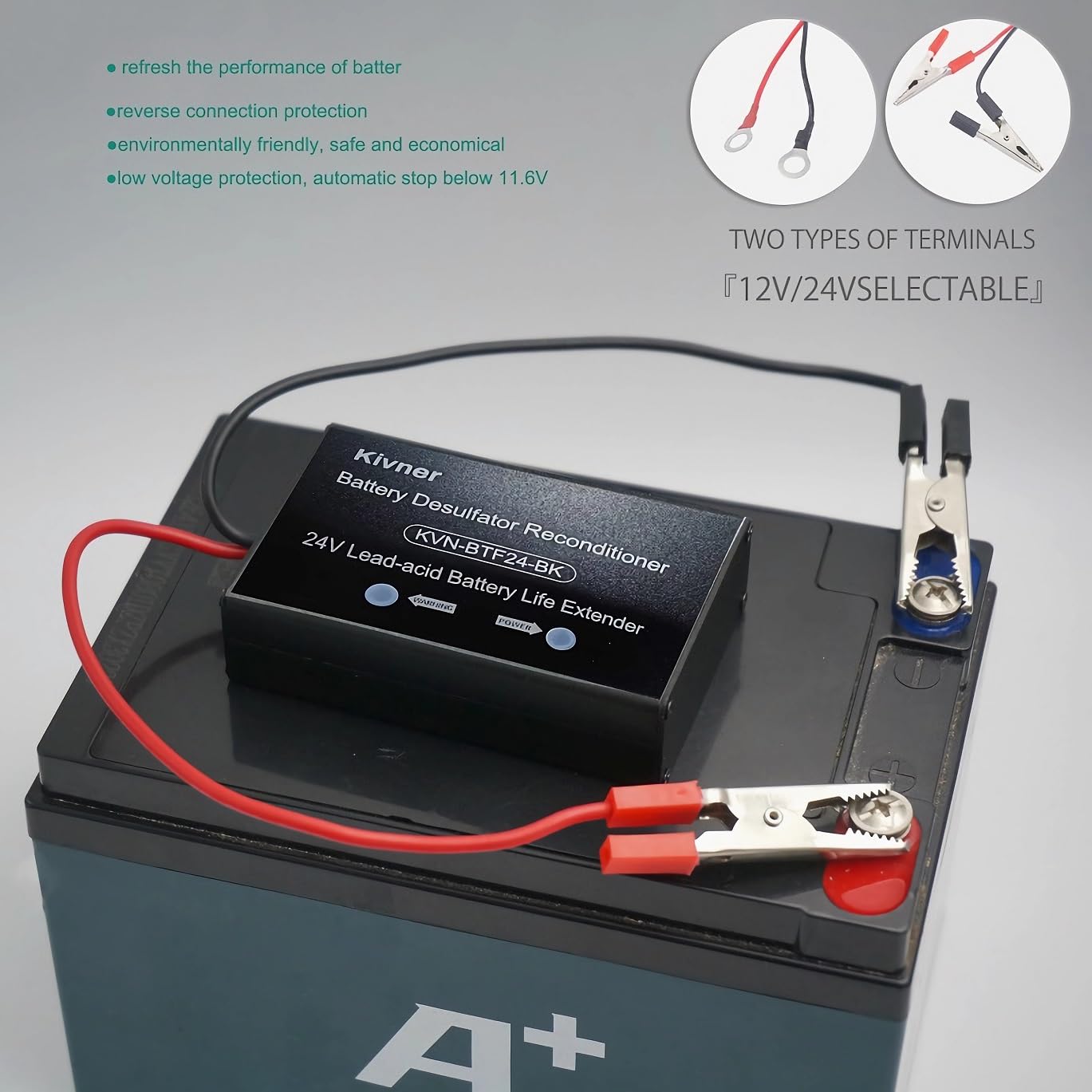 Kivner 24V Lead-Acid Battery Desulfator Sulfation Removal Desulfator KVN-BTF24-BK New Version Low Voltage Protection (24V)