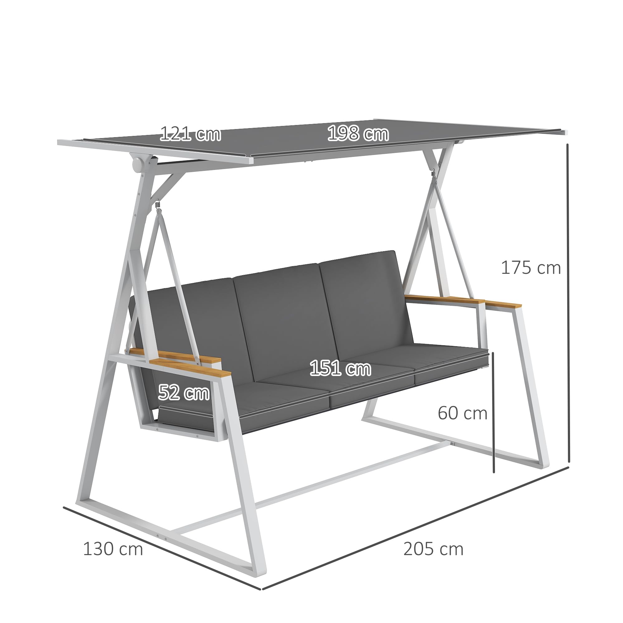 Outsunny Balancelle de Jardin 3 Places Toit Inclinaison réglable Matelas 205x130x175 cm Cadre Acier Gris