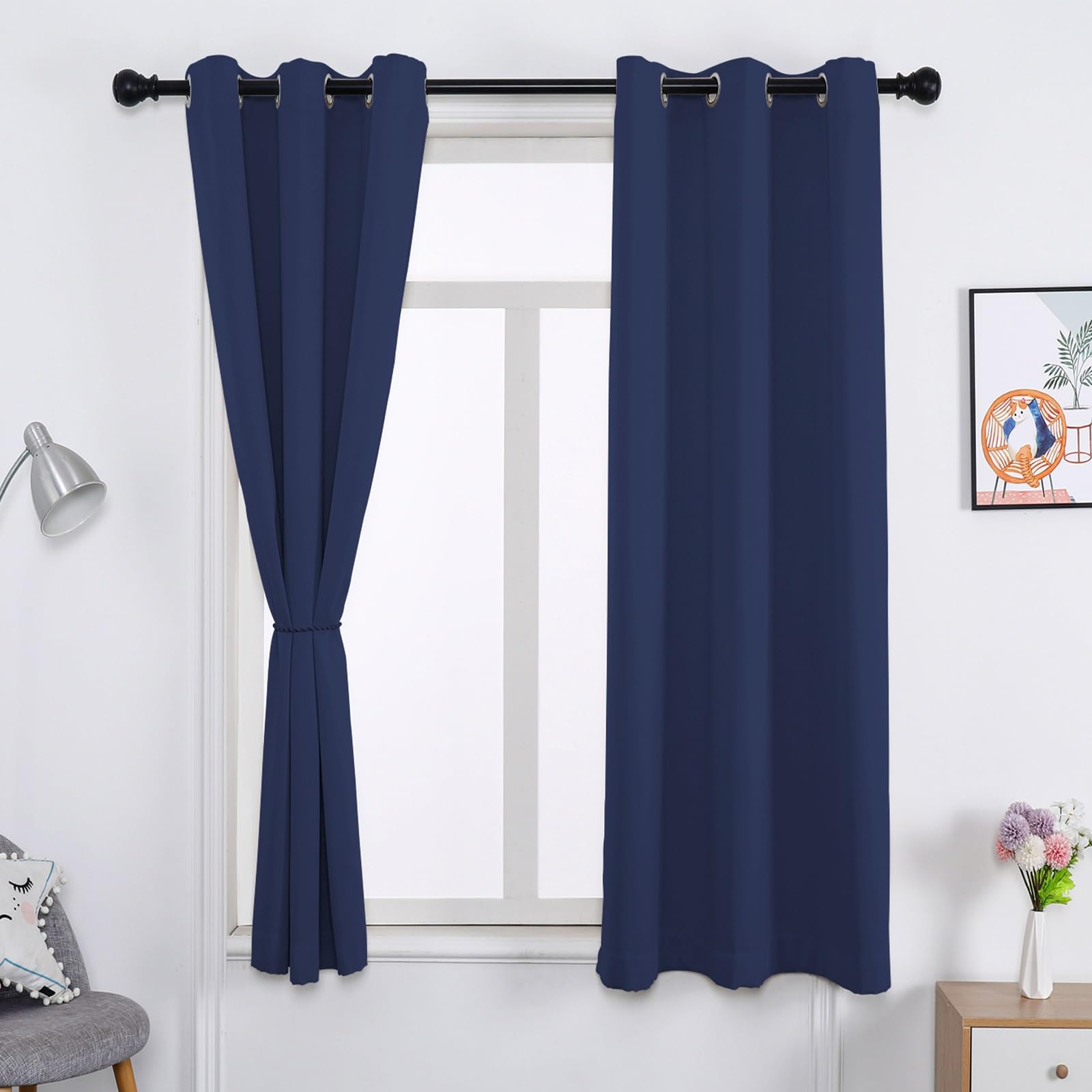 WUXXIANG Eyelet Blackout Curtains 100 x 80 cm Thermal Insulated Energy Saving, Blackout Eyelet Curtains for Living Room, with Matching Tie Backs, for Living Room/Kitchen, Navy Blue