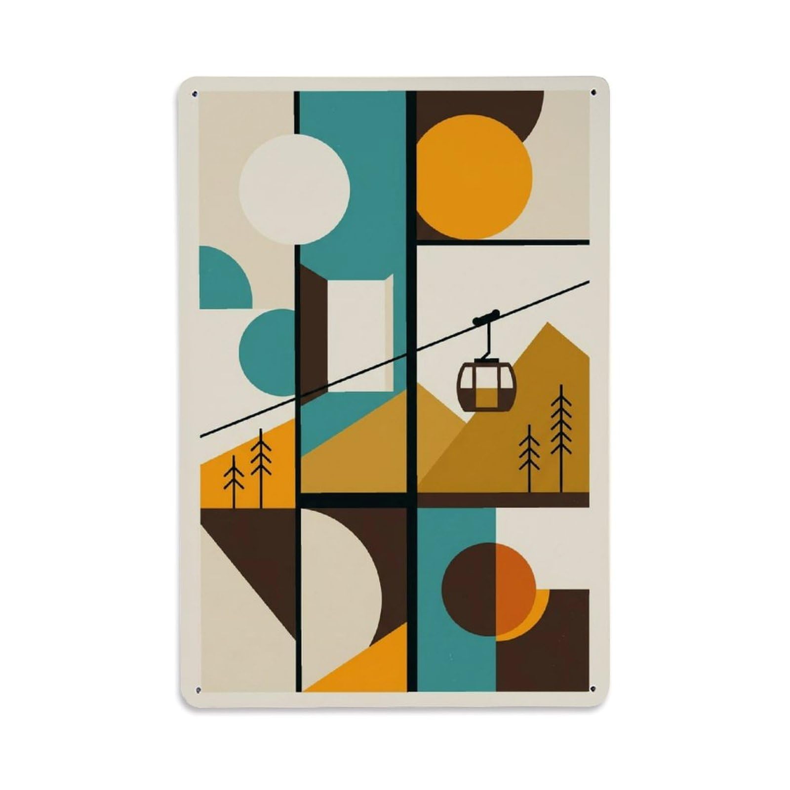 Cream Background Mountain Gondola Minimal Line Scene Metal Tin Sign Plaque Wall Decor for Cafe, Man Cave, Club Bar, Office, Home Garden Round Metal Poster 8x12Inch