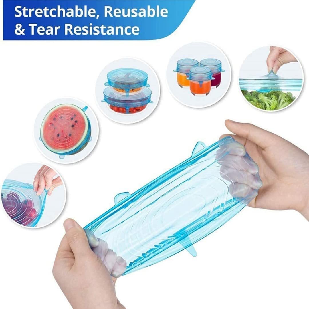WINZELLA Microwave Safe Silicone Stretch Lids Reuseable Flexible Covers For Rectangle, Round, Square Bowls, Dishes, Plates, Cans, Jars, Glassware And Mugs Pack Of 6 Lids, Multi-Coloured
