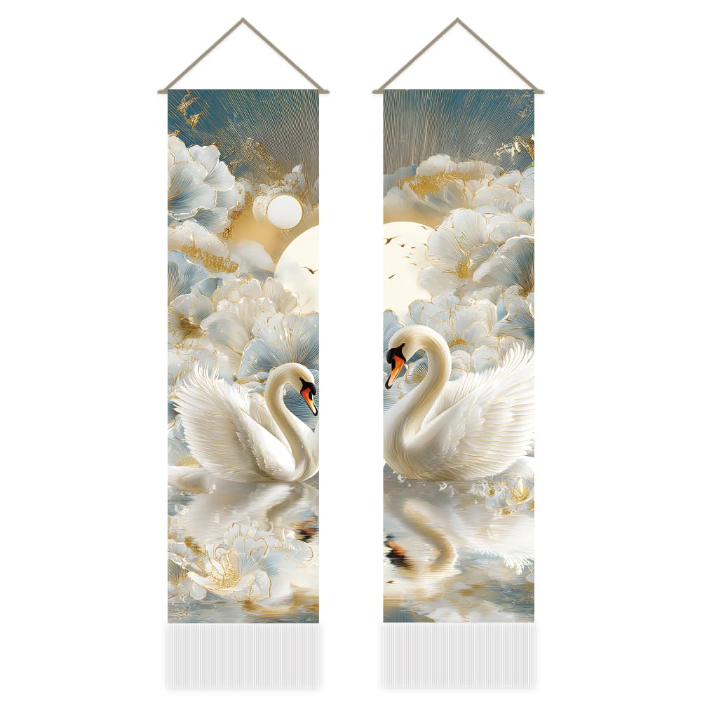AHANDMAKER 2Pcs Swan Wall Tapestry Lovers Swan Art Wall Hanging Decor Gilded Floral Vertical Long Tapestry Home Decor for Bedroom Living Room Home Office Decoration, 45.7x13 Inch