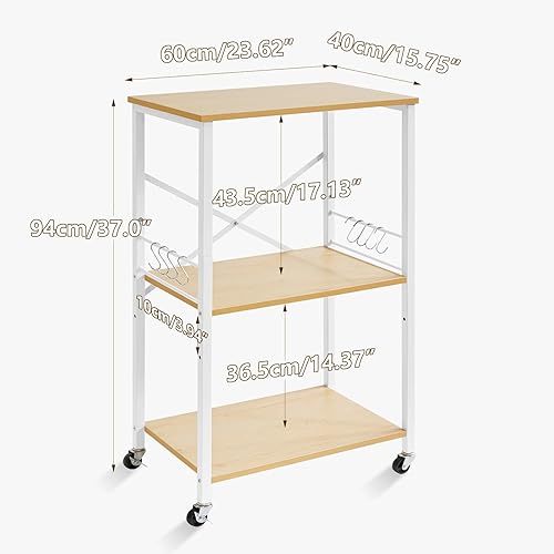 Miniatura 10 de IBUYKE Carrito de estante de cocina, soporte para horno de microondas de 3 niveles, estante para panadería con marco de metal y 8 ganchos, soporte