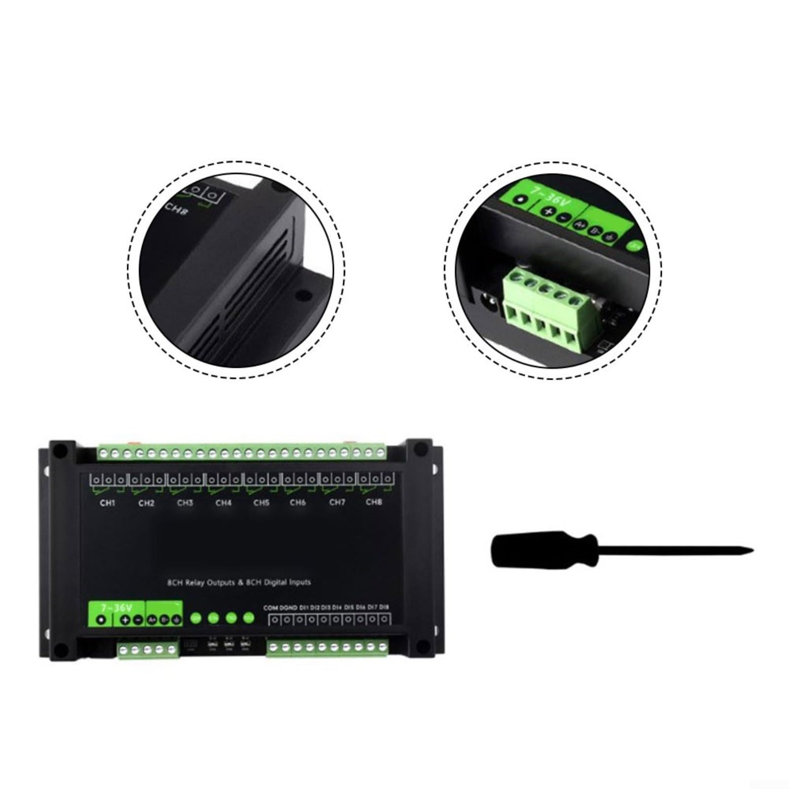8 canali per relè per modbus per rtu RS485 7-36 V guida a coda | Alloggiamento in ABS, 7-36 V, optoaccoppiatore bidirezionale, algoritmo di decompressione, per industria e per Smart Home