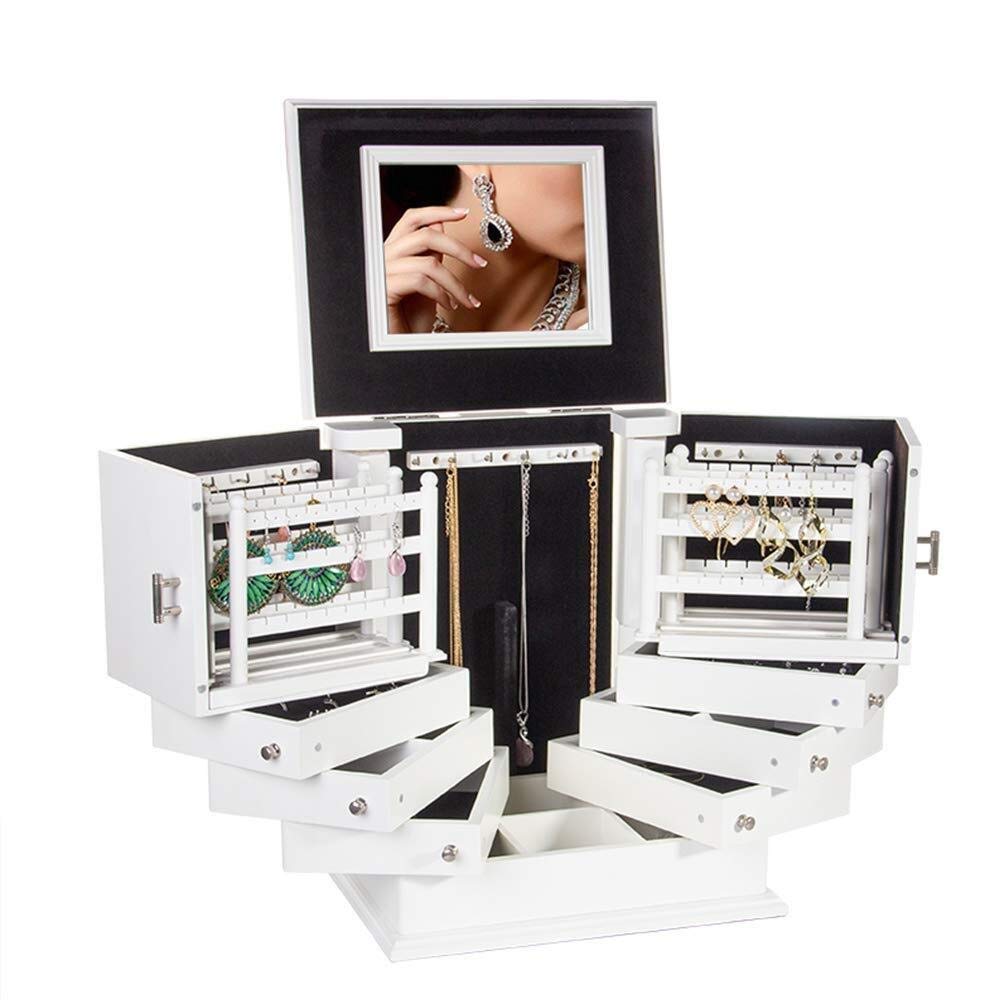 Large Wooden ES Rotating Adjustable Jewellery Chest with 9 Layers Large Capacity White Jewelry Box for Women