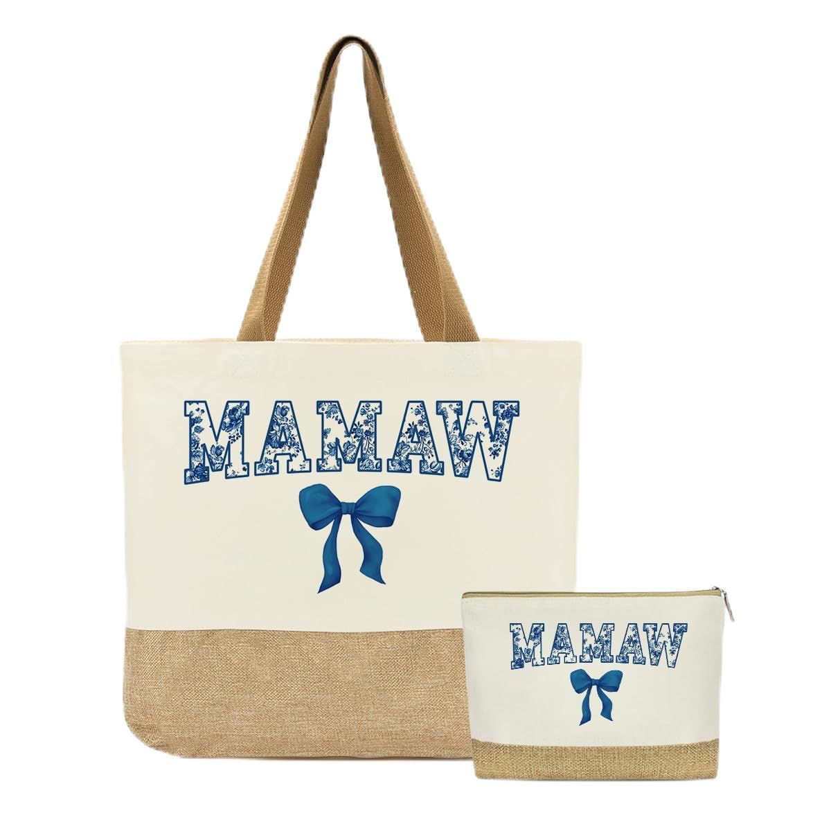 Mamaw Bag, Mamaw Gifts, Gifts for Mom Grandma, Birthday Christmas Retirement Appreciation Gift for Women Mom Grandma Nana Gigi Mimi, Reusable Blue Bow Floral Tote Bags and Makeup Bags With Zipper