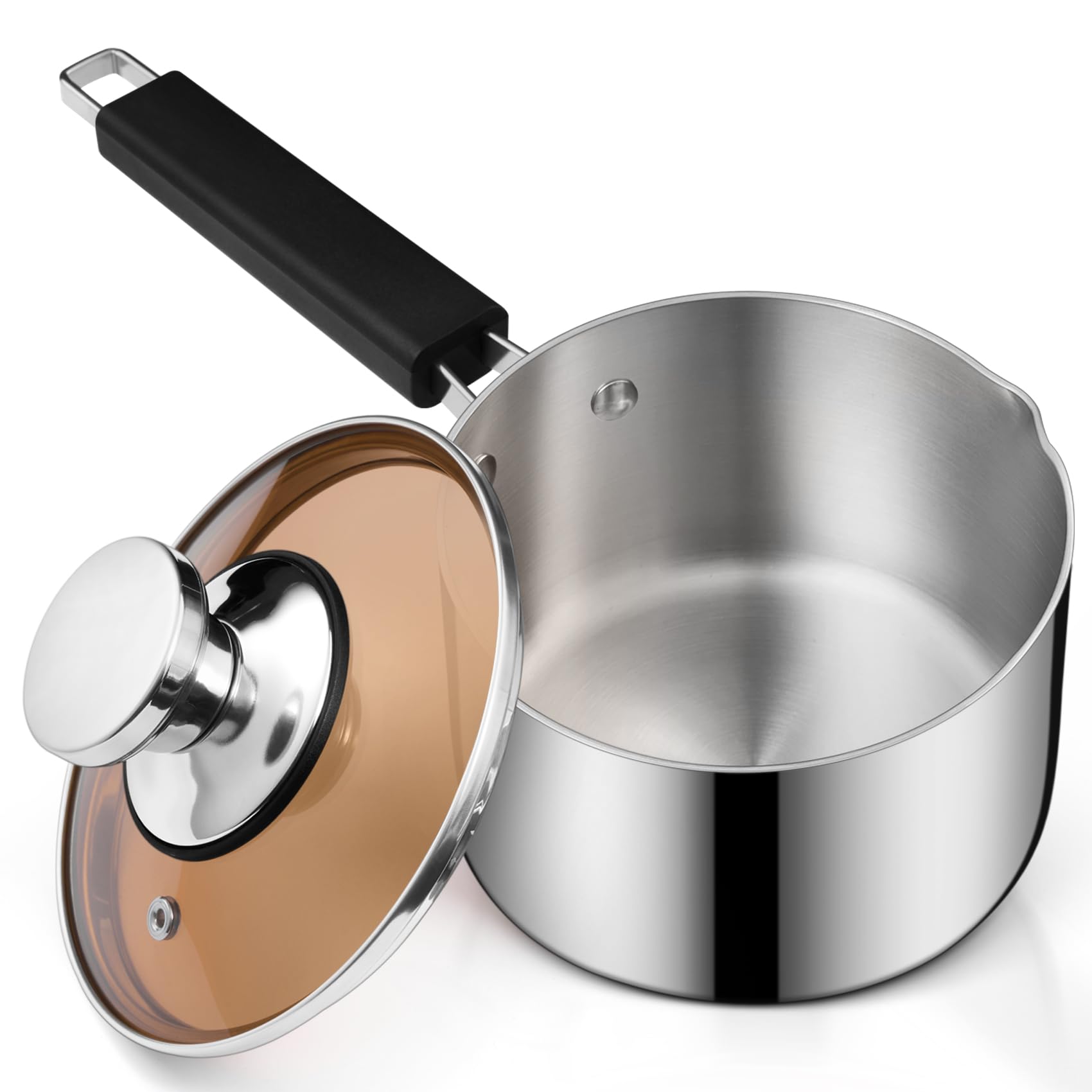 Onader 16cm Saucepan, Tri-Ply Stainless Steel Sauce Pan with Glass Lid