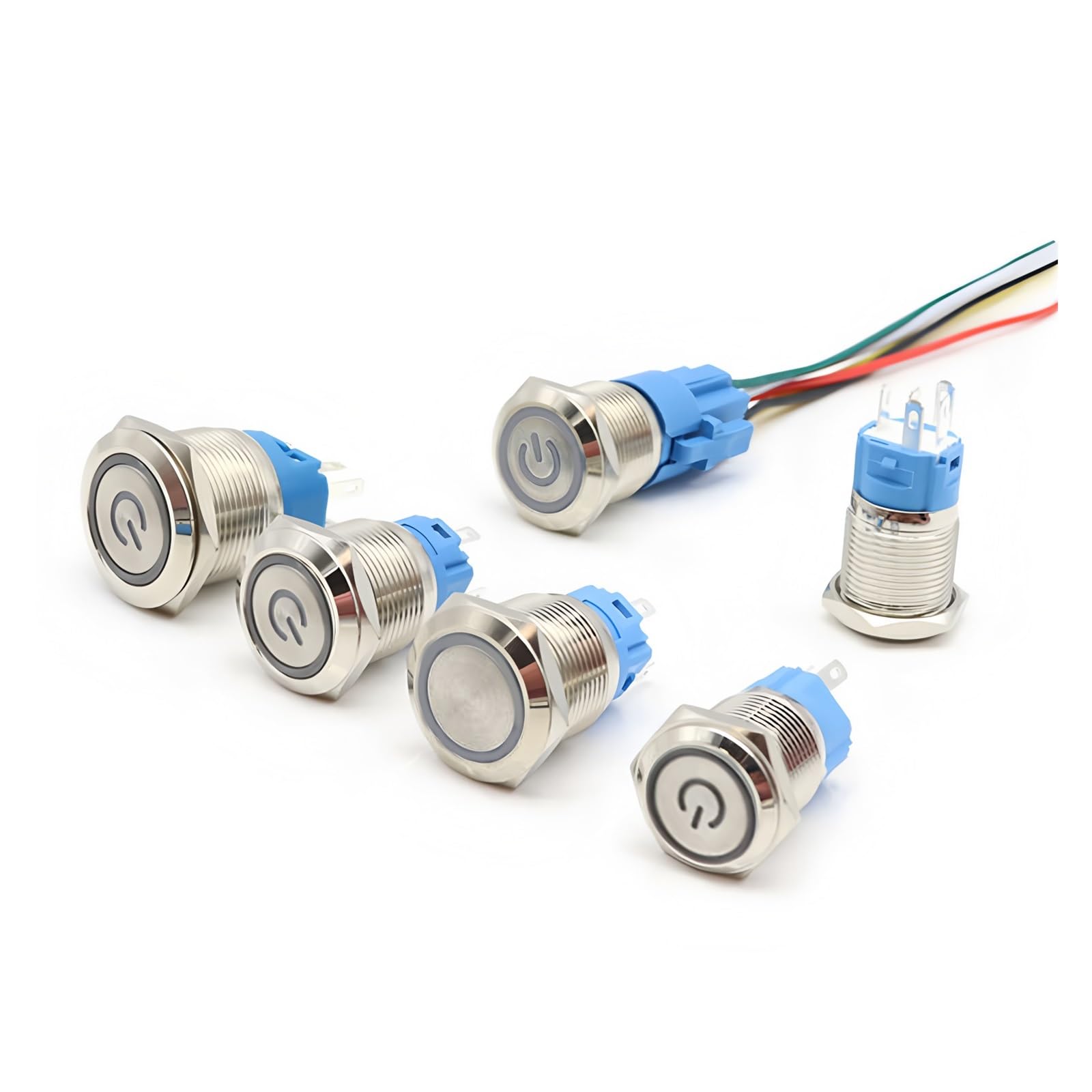 6 szt. 16 mm 19 mm 22 mm metalowy przełącznik przyciskowy chwilowy/zatrzaskowy płaski głowica LED światło czerwony żółty niebieski zielony biały (niebieski 1,22 mm, blokujący)