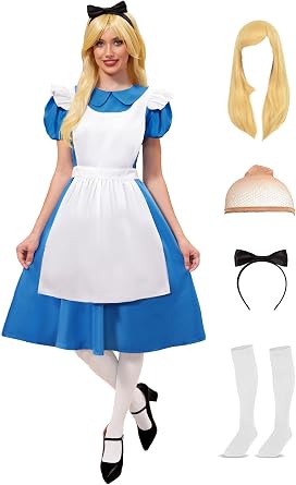 ALIREVERIE Womens 6Pcs Halloween Blue White Puff Sleeve Dress with Wig Apron Headband Socks XS-XXL