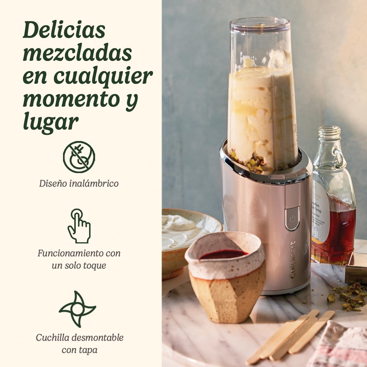 Cuisinart Batidora sin cable para llevar | Botella de 450 ml | Preparadora portátil de batidos, hielo, frappés, batidos | Recargable por USB, de mano | Vaso mezclador Tritan sin BPA con tapa incluida