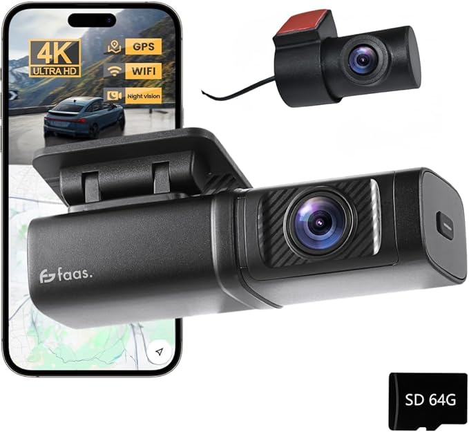 Faas S80 Dash Cam Auto 4K Fronte e Retro – Telecamera per Auto con Scheda 64GB Inclusa, WiFi, Visione Notturna, G-Sensor, Modalità Parcheggio & Grandangolo 160°