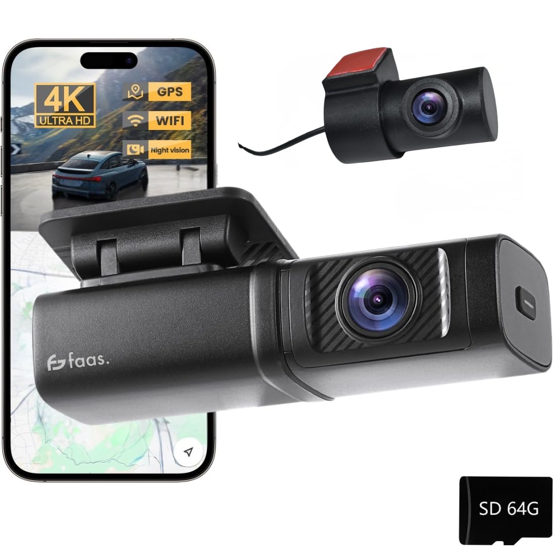 Faas Kamera samochodowa z przodu i z tyłu – podwójna kamera na deskę rozdzielczą 4K – 64 GB Micro-SD – czujnik G, tryb poklatkowy i noktowizor – tryb parkowania i nagrywanie w pętli – czarna
