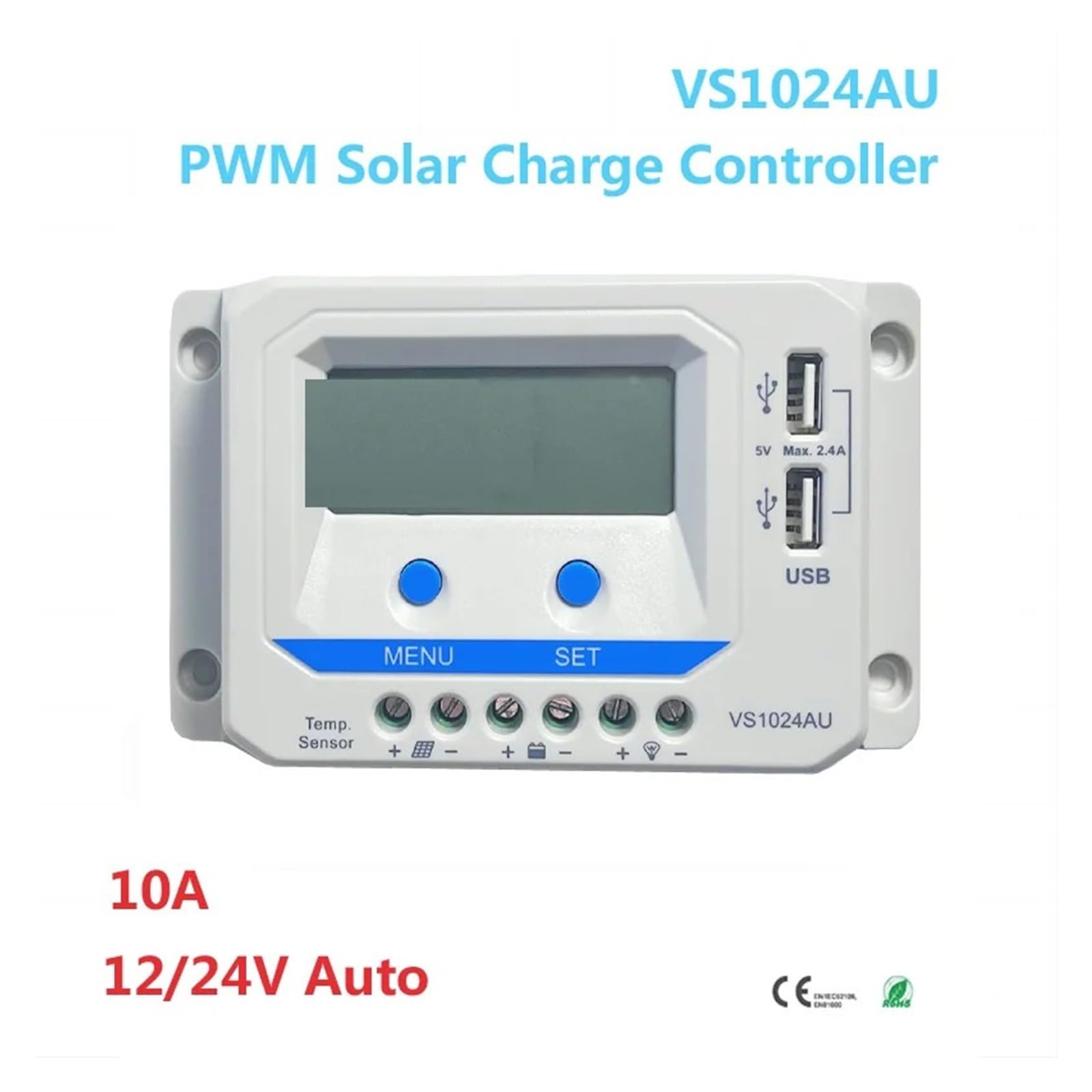 Kontroler ładowania słonecznego PWM 10A20A30A 12V24 V, automatyczny regulator 45A 60A VS-AU do układu słonecznego, wyświetlacz LCD, dwa porty USB (10A)