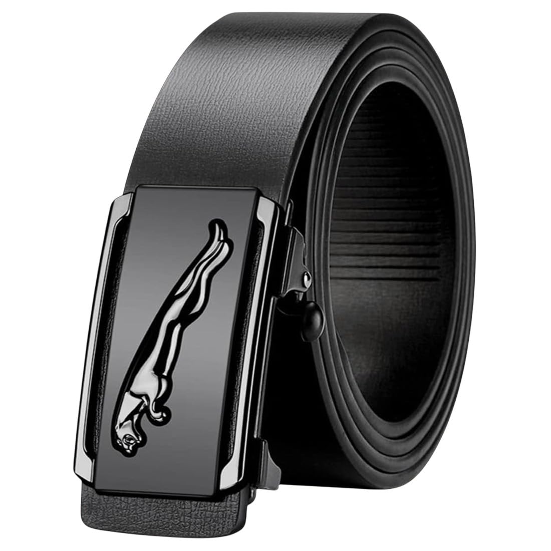Men's Artificial Leather Ratchet Belt, Black, Sliding Automatic Buckle with Leaping Panther Design, No-Hole Self-Locking Strap (Size 28 to 36)-image-46