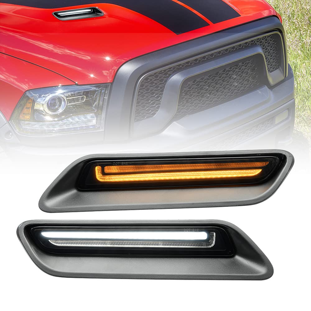 Led Cappuccio di ventilazione Lampada Scoop per 2010-2022 RAM 1500 Cappuccio sportivo Bianco DRL Luce di marcia diurna Ambra Indicatori di direzione Sostituzione luce decorativa 2x