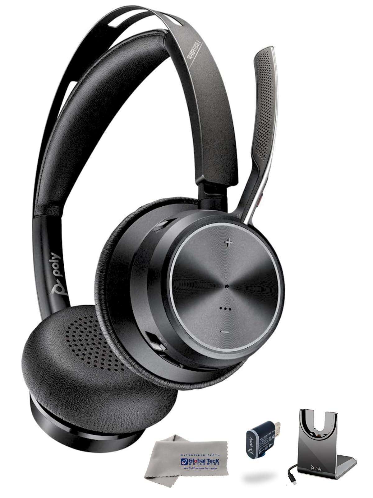 Poly Plantronics Voyager Focus 2 USB C Stereo Bluetooth Wireless Headset with USB-C Dongle and Charging Headset Stand - for Meetings, Teams, Zoom, Ringcentral, Mobile Phone Calls, PC, w/GTW Cloth