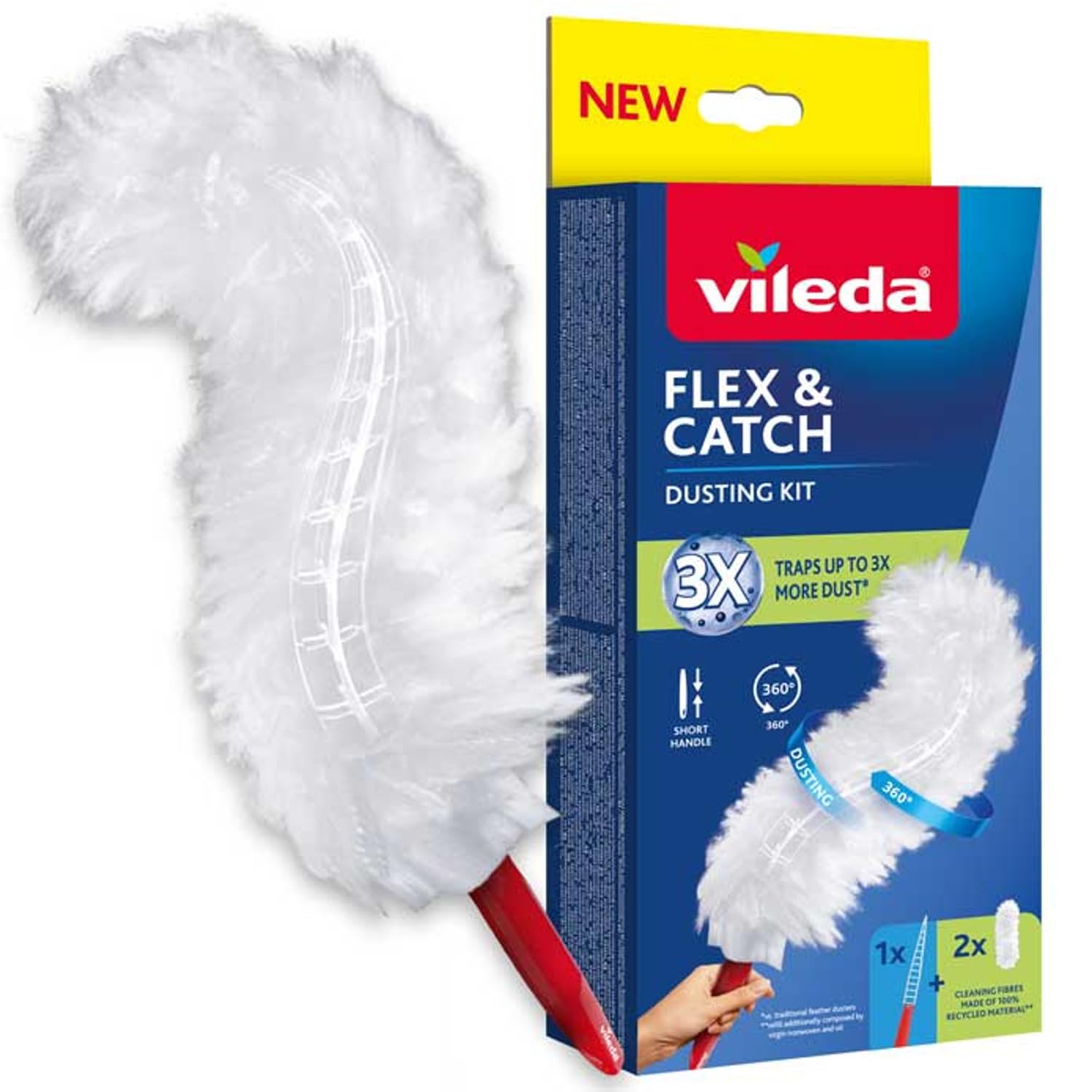 Vileda White Flex & Catch Duvet/Duster Tool With 2 Refills, 360° Dust Removal, Short Fixed Handle, Soft Microfiber Duvet, Catches Up To 3 Times More Dust