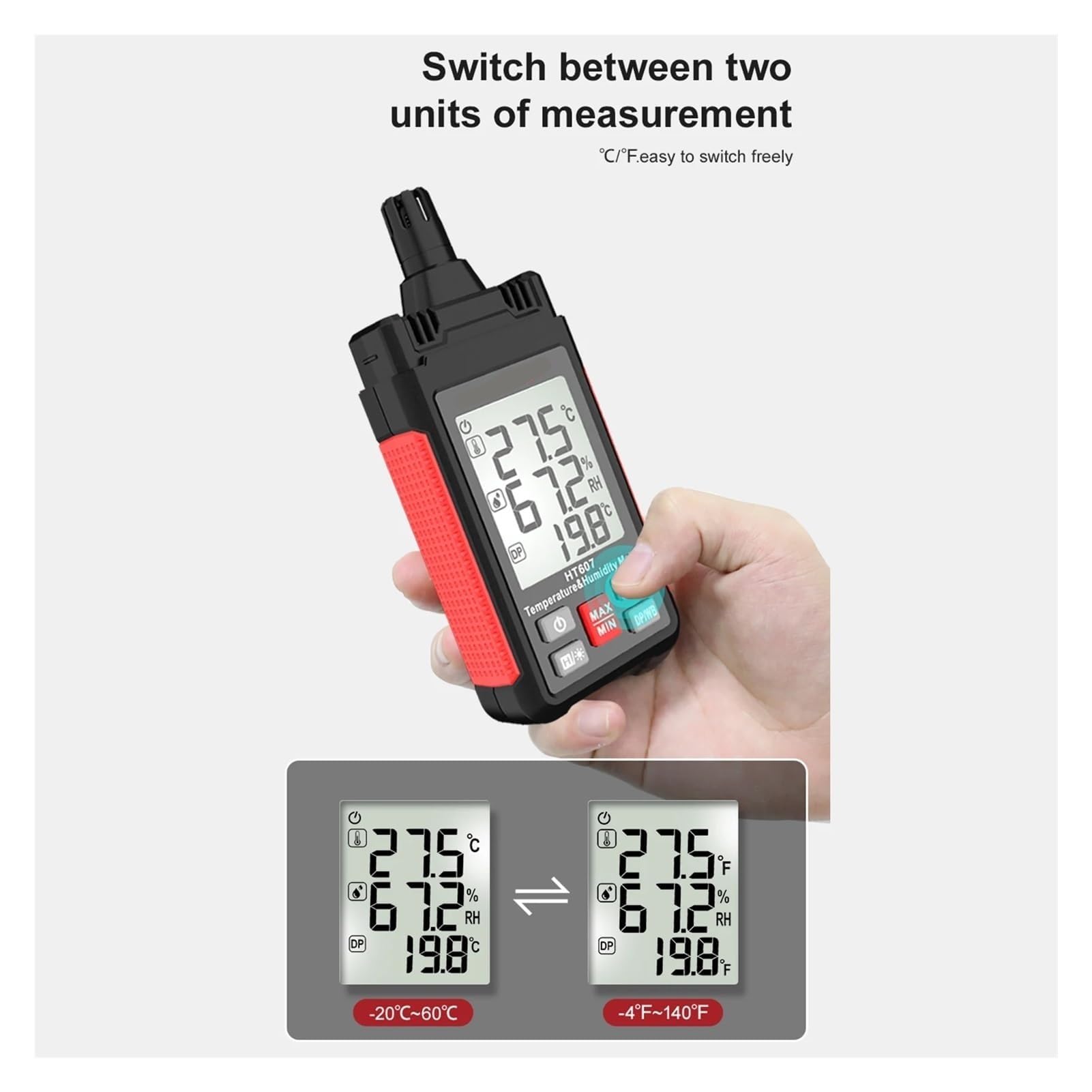 Higrómetro digital HT607 - Medidor de temperatura y humedad con pantalla LCD, psicrómetro for medición de punto de rocío y bulbo húmedo