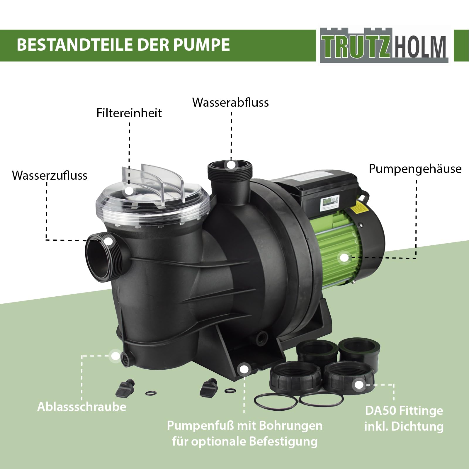 TRUTZHOLM Schwimmbadpumpe Poolpumpe Filterpumpe Umwälzpumpe Pumpe 550W 10.000 l/h oder 800W 15.000 l/h für Pools mit 30.000 Litern oder 45.000 Litern (800W / 15m³l/h)
