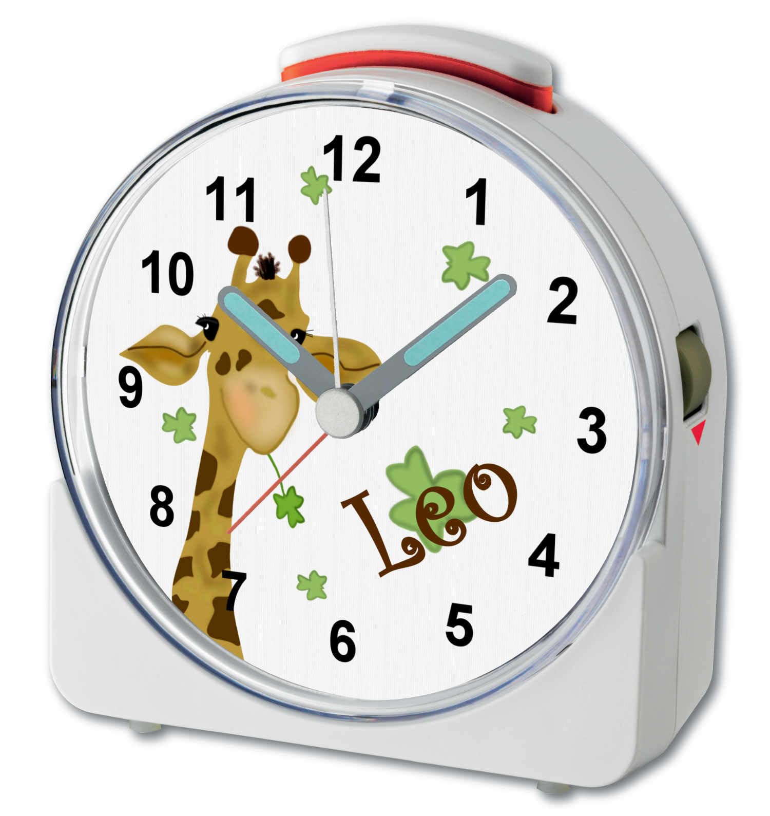 WU-71-1012, Giraffe, analog Kinderwecker weiß, Funkwecker mit Sweep-Uhrwerk und fluoreszierenden Zeiger und Licht, personlisiert mit Namen, 10,2 x 4,6 x 11 cm