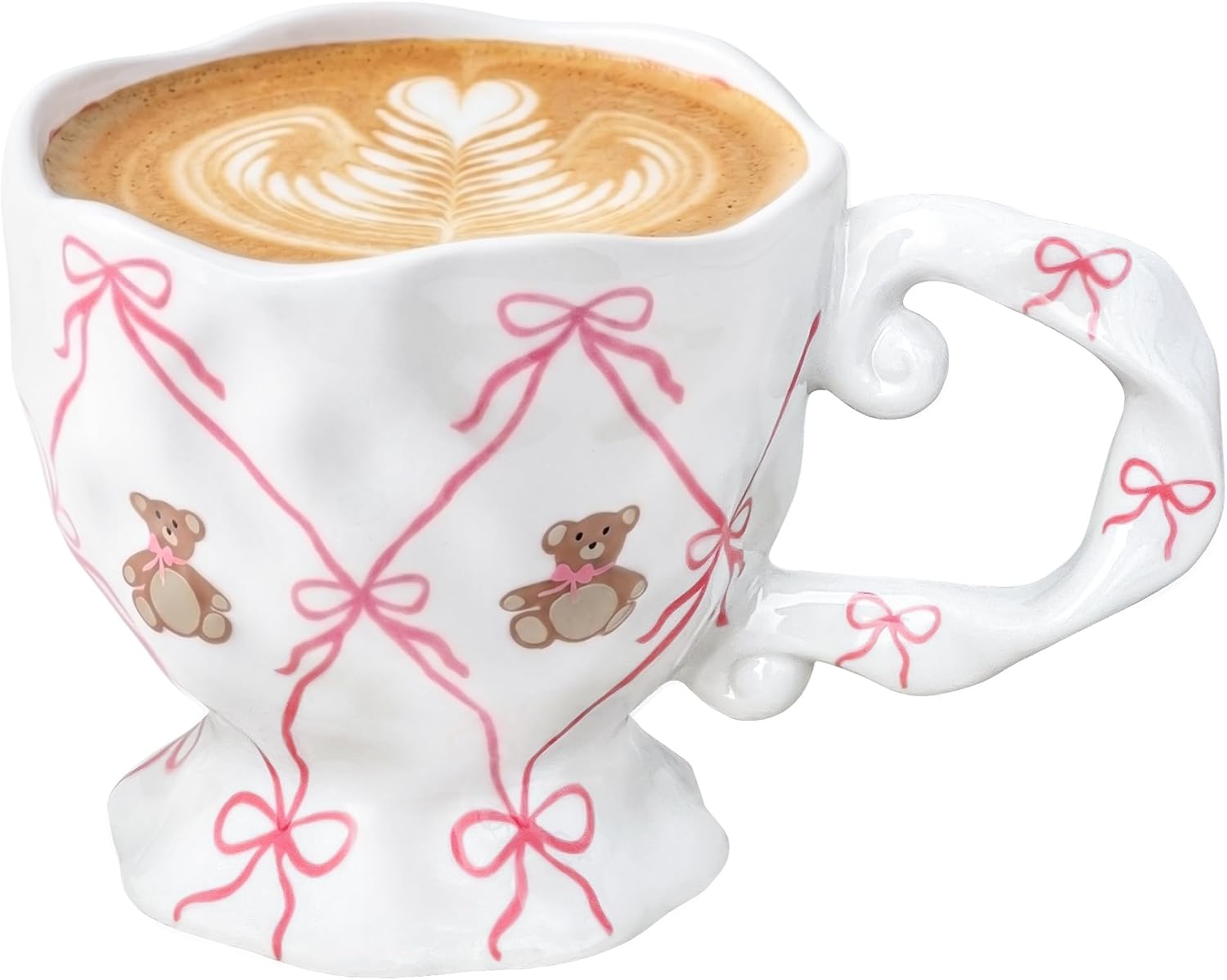 Cute Coffee Mug with Pink Bow Bear, Handmade Kawaii 14 oz Ceramic Mug for Tea Milk Latte Cocoa Funky Novelty Porcelain Cup Birthday Mothers Day Gifts for Women, Valentines Day Gifts