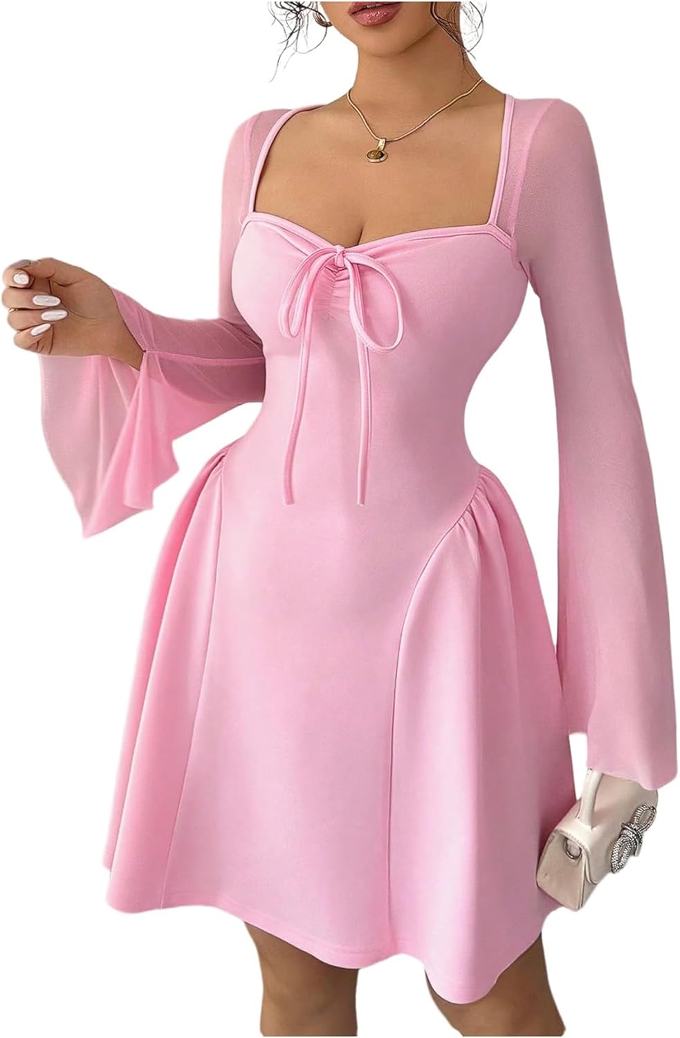 Floerns Women's Cute Bowknot Square Neck Mesh Dress Bell Sleeve A Line Birthday Party Short Dresses